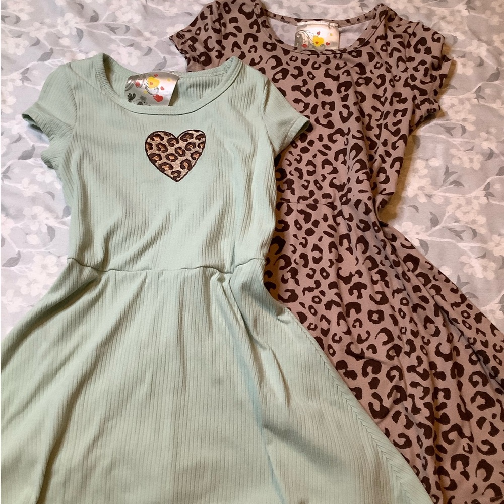 Girls' Mint Short Sleeve Skater Dress with Leopard Heart Appliqué